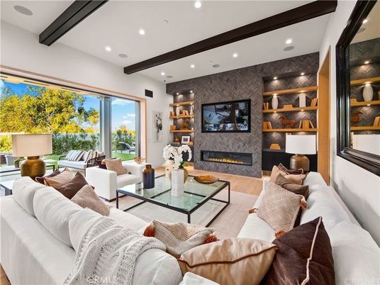 Fireplace, Interior, Living room, Recessed Lighting, Wooden Beams, Wood Texture Flooring