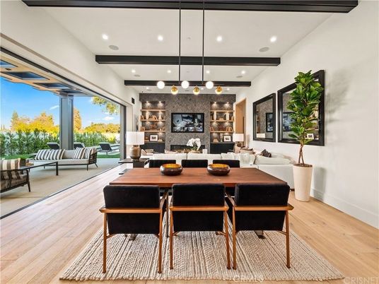 Dining room, Interior, Living room, Pendant Lights, Recessed Lighting, Wooden Beams, Wood Texture Flooring
