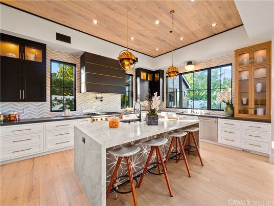 Interior, Kitchen, Pendant Lights, Recessed Lighting, Stainless Steel Appliances, Wooden Ceilings, Wood Texture Flooring