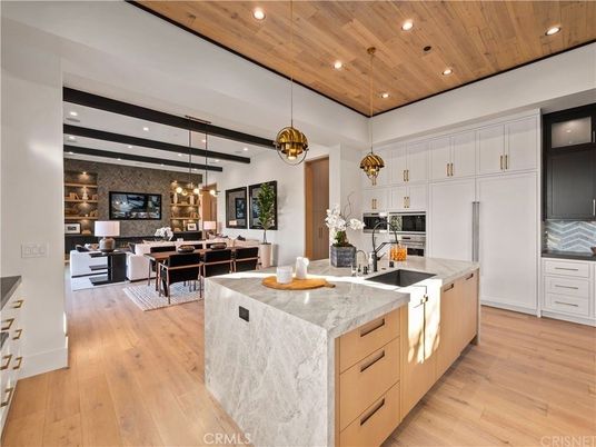 Dining room, Interior, Kitchen, Living room, Pendant Lights, Recessed Lighting, Stainless Steel Appliances, Wooden Beams, Wooden Ceilings, Wood Texture Flooring