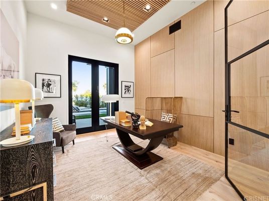 Home Office, Interior, Pendant Lights, Recessed Lighting, Wood Texture Flooring, Wooden Walls