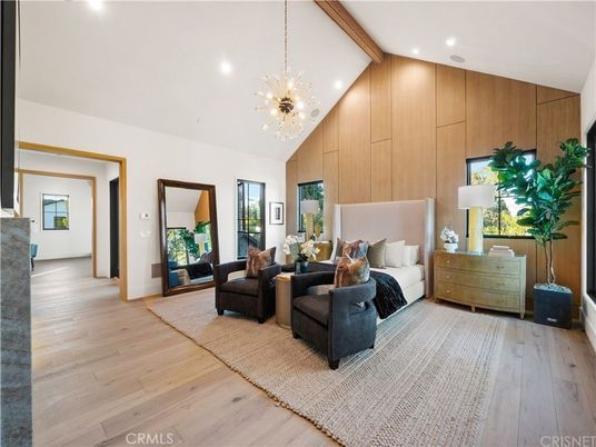 Bedroom, Interior, Pendant Lights, Recessed Lighting, Wood Texture Flooring, Wooden Walls