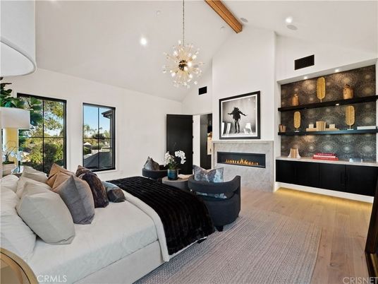 Bedroom, Fireplace, Interior, Pendant Lights, Recessed Lighting, Wooden Beams, Wood Texture Flooring