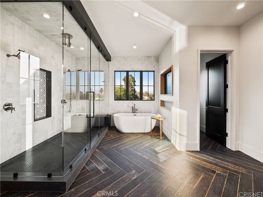 Bathroom, Free Standing Baths, Glass Shower, Interior, Recessed Lighting, Wood Texture Flooring
