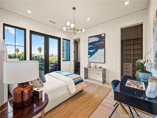 Bedroom, Interior, Pendant Lights, Recessed Lighting, Wood Texture Flooring