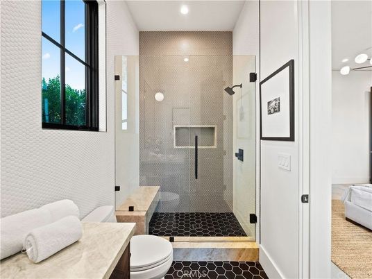Bathroom, Glass Shower, Interior, Recessed Lighting, Wood Texture Flooring