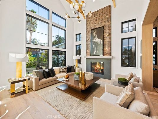 Fireplace, Interior, Living room, Pendant Lights, Stone Walls, Wood Texture Flooring