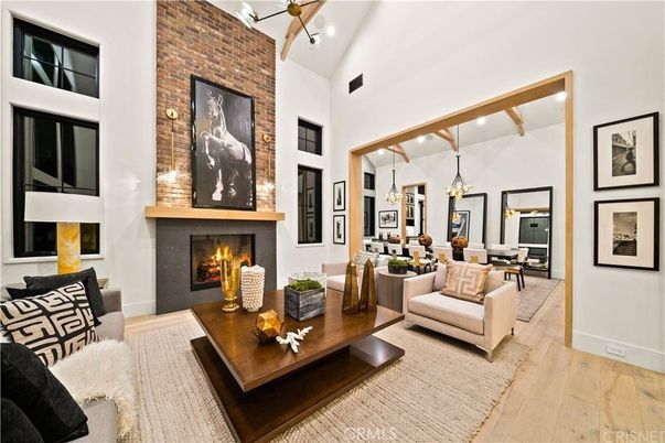 Dining room, Fireplace, Interior, Living room, Pendant Lights, Stone Walls, Wooden Beams, Wood Texture Flooring
