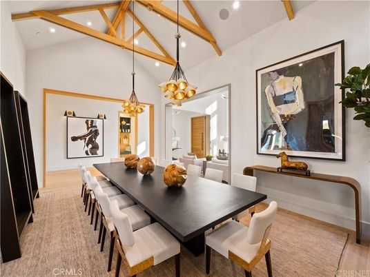 Chandelier, Dining room, Interior, Pendant Lights, Recessed Lighting, Wooden Beams, Wood Texture Flooring