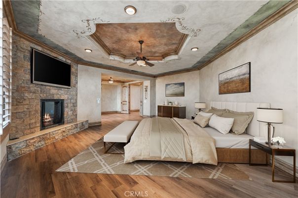 Bedroom, Fireplace, Interior, Recessed Lighting, Stone Walls, Wood Texture Flooring