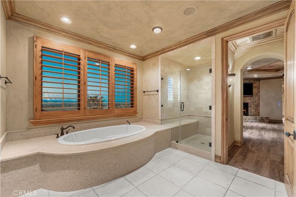 Bathroom, Fireplace, Glass Shower, Interior, Recessed Lighting, Stone Walls, Wood Texture Flooring