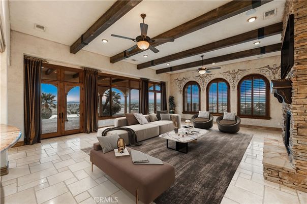 Interior, Living room, Recessed Lighting, Stone Walls, Wooden Beams