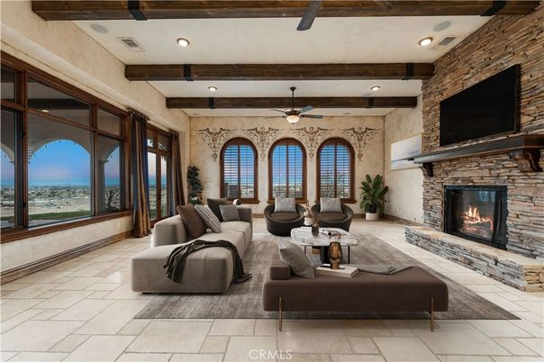 Fireplace, Interior, Living room, Recessed Lighting, Stone Walls, Wooden Beams