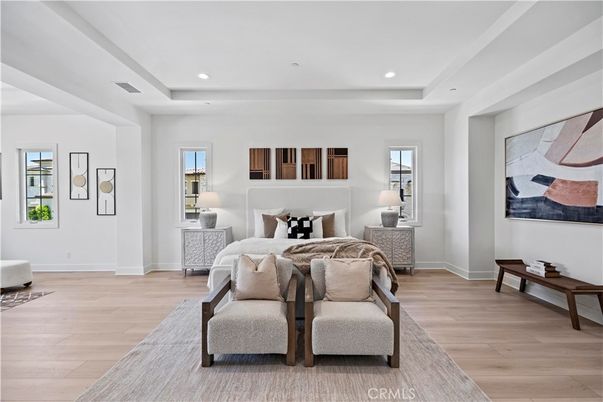 Bedroom, Interior, Recessed Lighting, Wood Texture Flooring