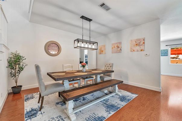 Dining room, Interior, Pendant Lights, Wood Texture Flooring
