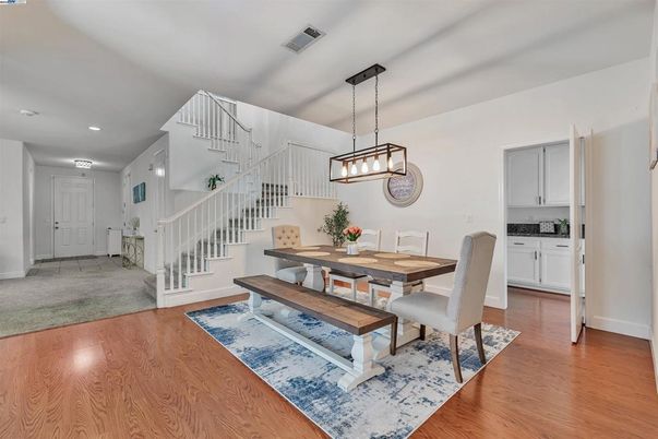 Dining room, Interior, Pendant Lights, Recessed Lighting, Wood Texture Flooring