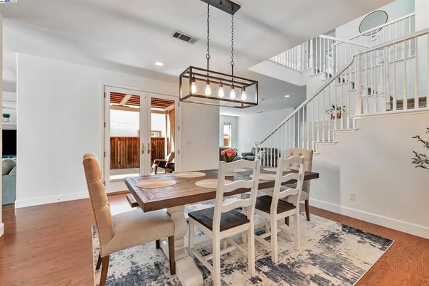 Chandelier, Dining room, Interior, Pendant Lights, Recessed Lighting, Wood Texture Flooring