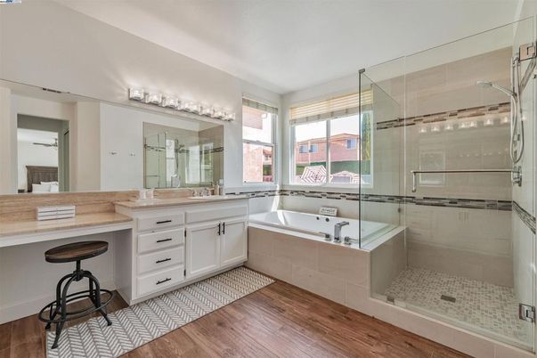 Bathroom, Glass Shower, Interior, Wood Texture Flooring