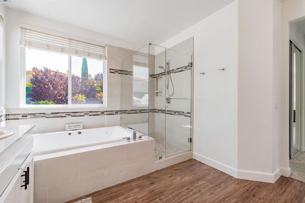 Bathroom, Glass Shower, Interior, Wood Texture Flooring