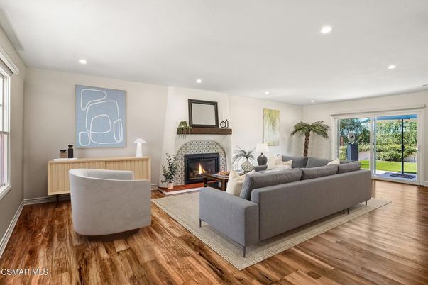 Fireplace, Interior, Living room, Recessed Lighting, Wood Texture Flooring