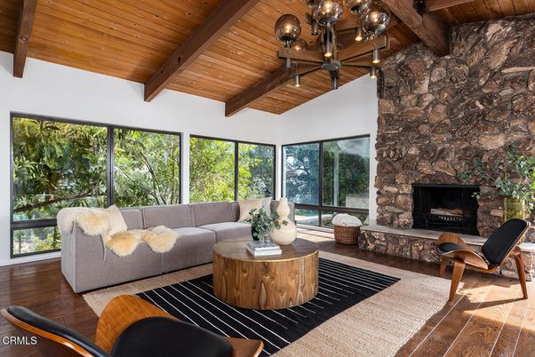 Chandelier, Fireplace, Interior, Living room, Stone Walls, Wooden Beams, Wooden Ceilings, Wood Texture Flooring
