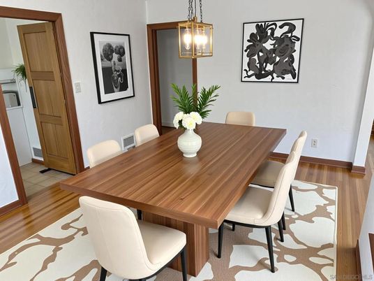 Dining room, Interior, Pendant Lights, Wood Texture Flooring