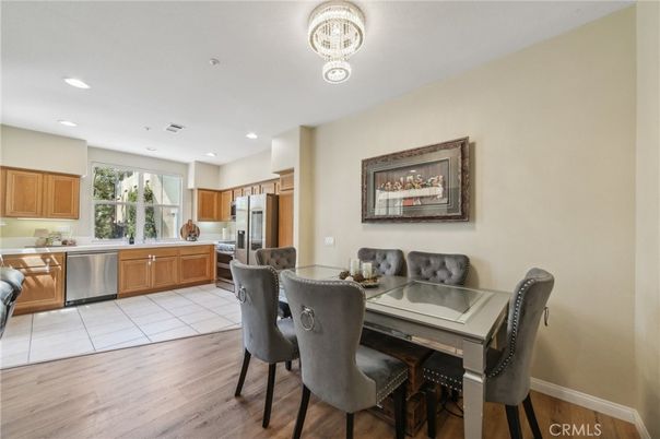 Dining room, Interior, Kitchen, Recessed Lighting, Stainless Steel Appliances, Wood Texture Flooring