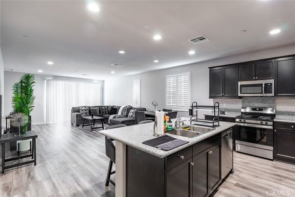 Interior, Kitchen, Living room, Recessed Lighting, Stainless Steel Appliances, Wood Texture Flooring