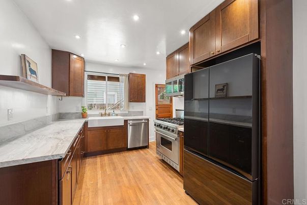 Interior, Kitchen, Recessed Lighting, Stainless Steel Appliances, Wood Texture Flooring