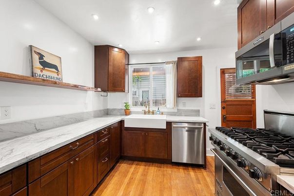 Interior, Kitchen, Recessed Lighting, Stainless Steel Appliances, Wood Texture Flooring