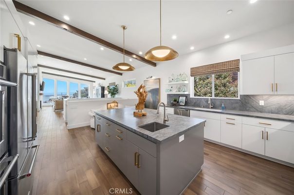 Interior, Kitchen, Pendant Lights, Recessed Lighting, Stainless Steel Appliances, Wooden Beams, Wood Texture Flooring