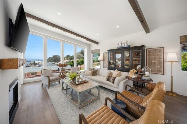 Fireplace, Interior, Living room, Recessed Lighting, Water, Wooden Beams, Wood Texture Flooring