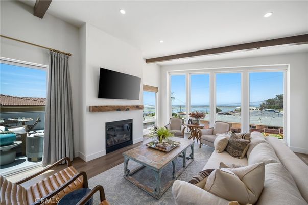 Fireplace, Interior, Living room, Recessed Lighting, Water, Wooden Beams, Wood Texture Flooring