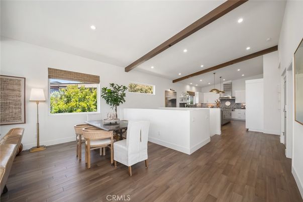 Dining room, Interior, Kitchen, Pendant Lights, Recessed Lighting, Wooden Beams, Wood Texture Flooring