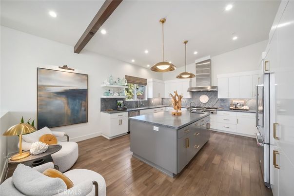 Interior, Kitchen, Pendant Lights, Recessed Lighting, Stainless Steel Appliances, Wooden Beams, Wood Texture Flooring