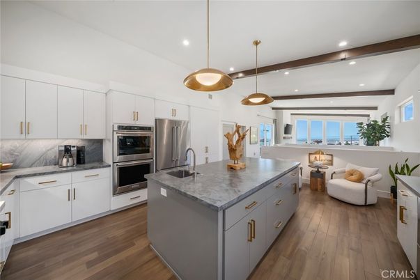 Interior, Kitchen, Pendant Lights, Recessed Lighting, Stainless Steel Appliances, Water, Wood Texture Flooring