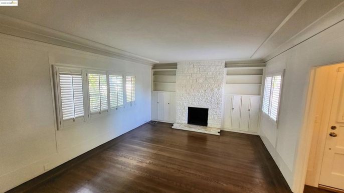 Empty room, Fireplace, Interior, Stone Walls, Wood Texture Flooring