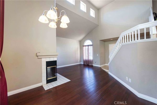 Empty room, Fireplace, Interior, Pendant Lights, Wood Texture Flooring