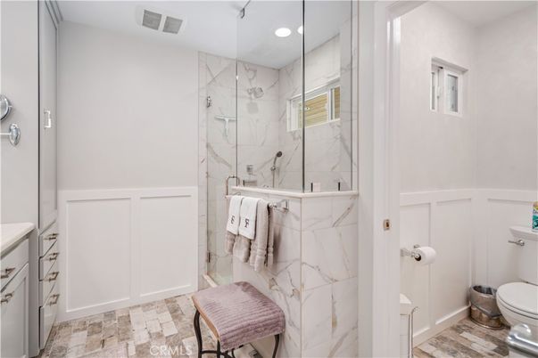 Bathroom, Glass Shower, Interior, Marble Walls, Recessed Lighting
