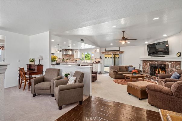 Fireplace, Interior, Kitchen, Living room, Pendant Lights, Recessed Lighting, Wood Texture Flooring