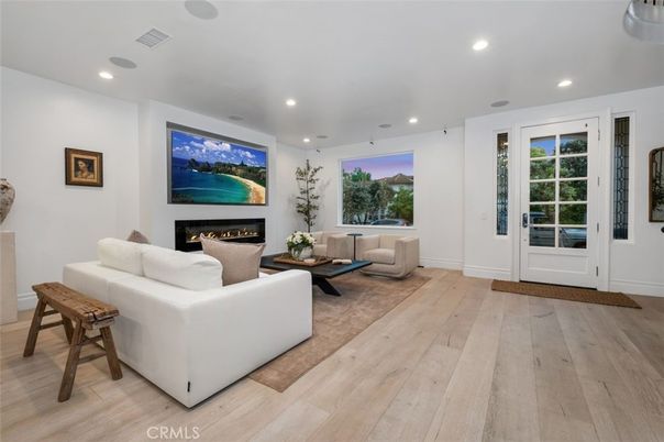 Fireplace, Interior, Living room, Recessed Lighting, Wood Texture Flooring