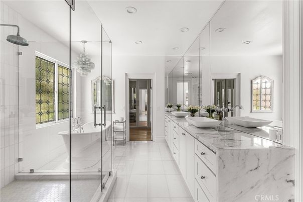 Bathroom, Chandelier, Dual Sink Vanities, Free Standing Baths, Glass Shower, Interior, Marble, Recessed Lighting