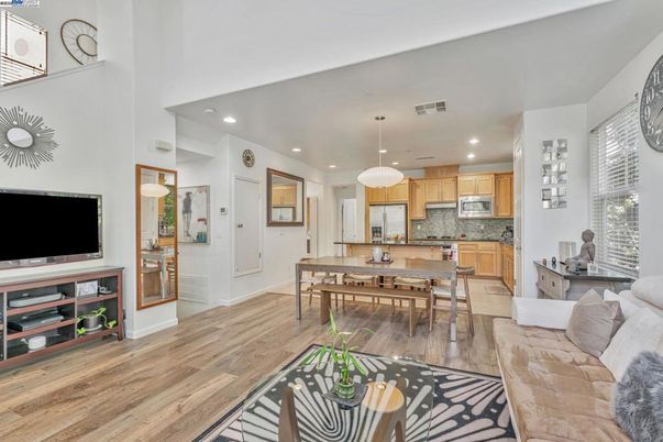 Dining room, Interior, Kitchen, Living room, Pendant Lights, Recessed Lighting, Stainless Steel Appliances, Wood Texture Flooring