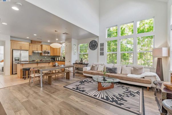 Dining room, Interior, Kitchen, Living room, Pendant Lights, Recessed Lighting, Stainless Steel Appliances, Wood Texture Flooring