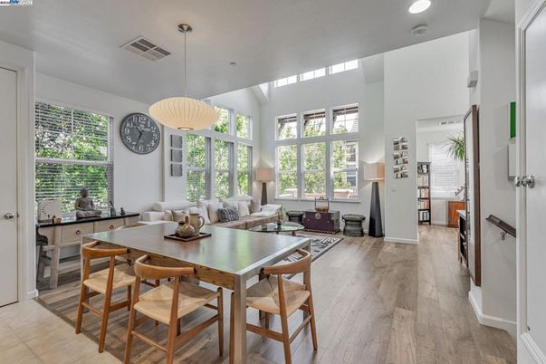 Dining room, Interior, Living room, Pendant Lights, Recessed Lighting, Wood Texture Flooring