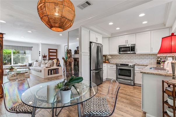 Interior, Kitchen, Living room, Recessed Lighting, Stainless Steel Appliances, Wood Texture Flooring