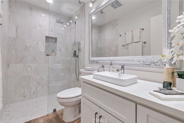 Bathroom, Glass Shower, Interior, Wood Texture Flooring