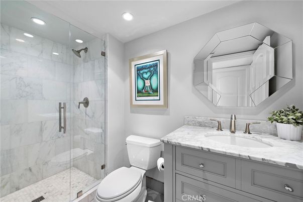 Bathroom, Glass Shower, Interior, Marble Walls, Recessed Lighting
