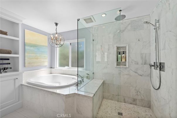 Bathroom, Glass Shower, Interior, Marble Walls, Pendant Lights, Recessed Lighting