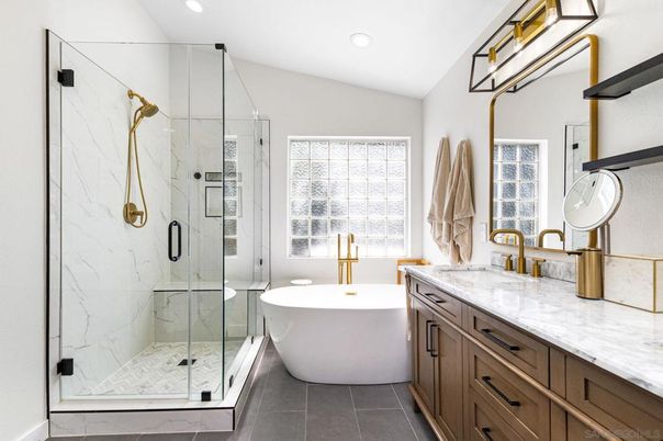 Bathroom, Dual Sink Vanities, Free Standing Baths, Glass Shower, Interior, Marble Walls, Recessed Lighting